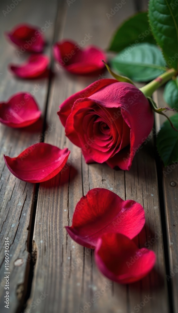 Fading red rose petals on a crackled wooden table , passion, wood Fading red rose petals on a crackled wooden table , passion, wood
