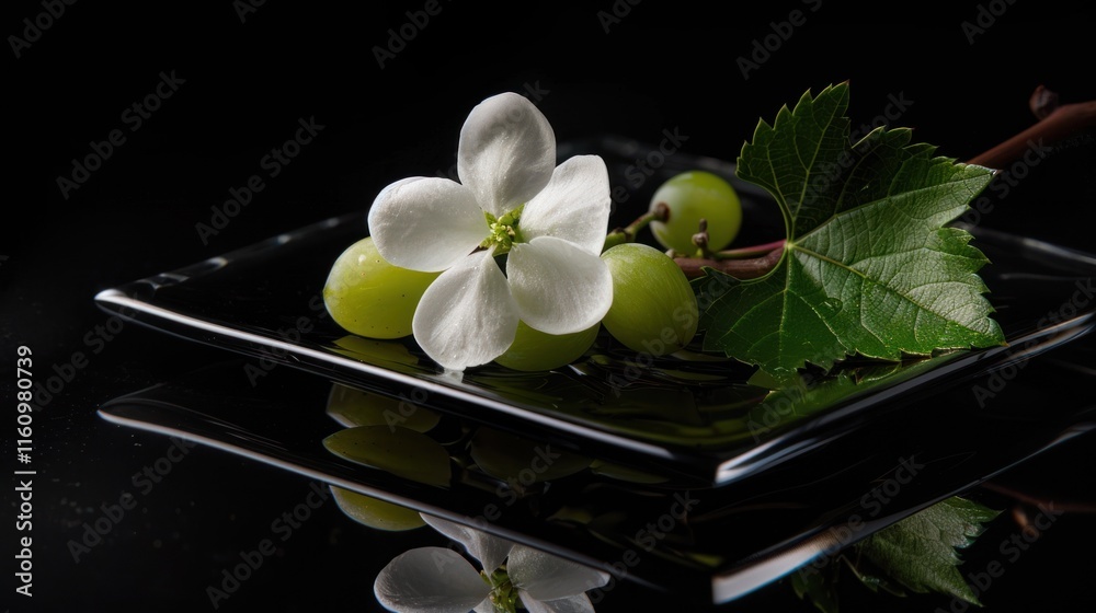 Fresh green grapes and white flower on black plate, reflected. Fresh green grapes and white flower on black plate, reflected.