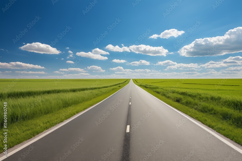 arafed road with a white line going through a green field arafed road with a white line going through a green field