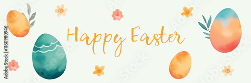 A watercolor-style banner with Easter greetings. Trendy Easter design with typography, hand-painted strokes and dots, eggs and flowers in soft tones