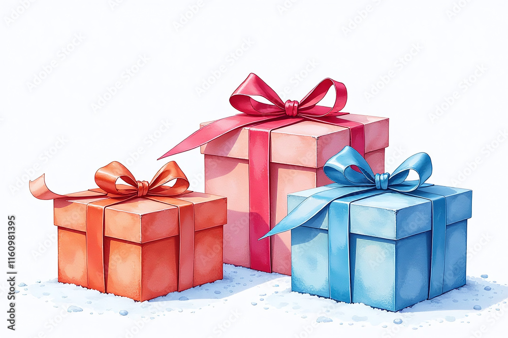 Fototapeta premium vibrant watercolor boxes wrapped ribbons sit snowy white