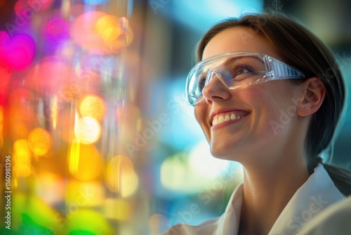 Smiling scientist observes colorful liquids in glassware, showca photo