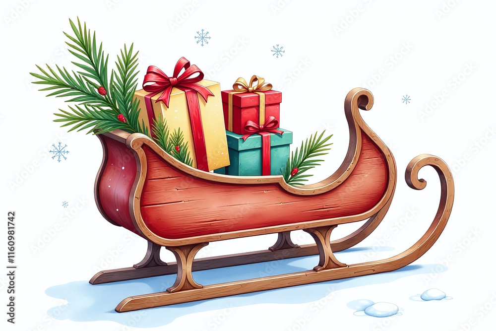Naklejka premium vibrant watercolor depiction festive wooden sledge adorned gift boxes fir branches snowy white