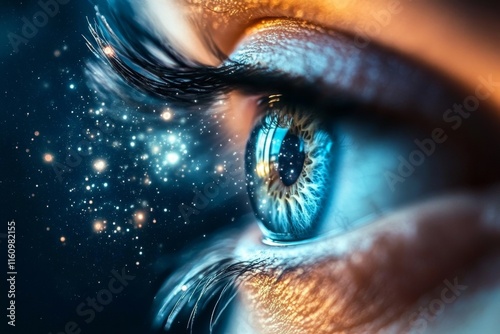 A spiral galaxy reflected in the pupil of an eye, creating a vast universe within a single gaze photo