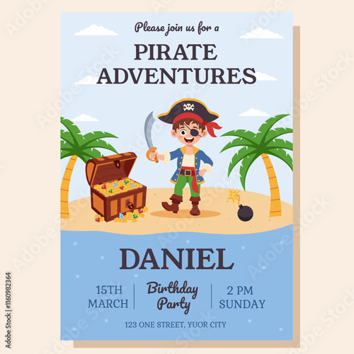 Pirate invitation. Birthday party invitation with pirate elements. Greeting card, postcard, poster.