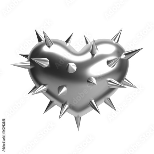 3D chrome heart with spikes and thorns, metallic shiny silver surface, isolated vector abstract object. Symbol of love, punk style design for Valentine’s Day, fashion, and Y2K aesthetics