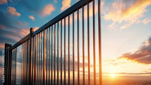 Modern black metal sliding gate with glass panels at sunset photo