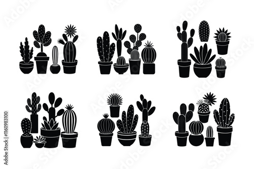 Cactus (Various species) design, labeled silhouette vector art illustration.