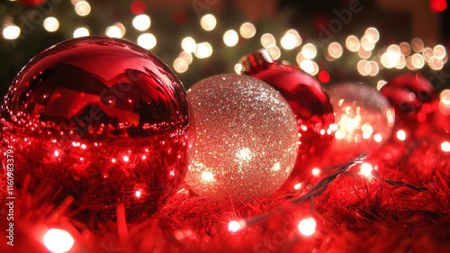 Festive Red and Silver Christmas Ornaments Glimmering Brightly photo