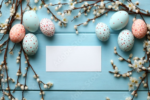 Colorful decorated eggs arranged with spring blossoms on a light blue wooden surface for festive celebration decoration ideas photo