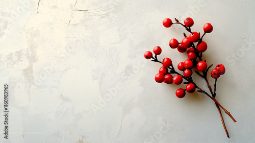 Zweigen mit roten Beeren und grünen Blättern auf hellem Hintergrund

 photo