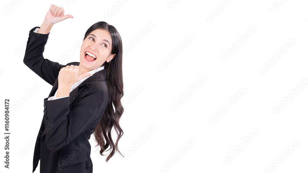 A joyful young businesswoman in a black suit enthusiastically pointing at behind her back, isolated on a white background. Ideal for concepts of confidence, success, promotion of business advertising. A joyful young businesswoman in a black suit enthusiastically pointing at behind her back, isolated on a white background. Ideal for concepts of confidence, success, promotion of business advertising.