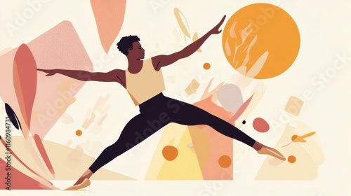 Black Male Dancer in Mid-Leap, Joyful Abstract Background