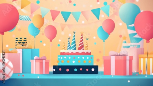 Festive Birthday Party Scene with Cake and Gifts