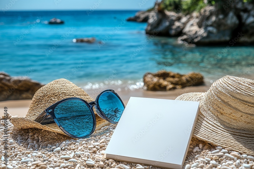 Relaxing day at the beach with sunglasses, hats, and a blank canvas by the tranquil sea Relaxing day at the beach with sunglasses, hats, and a blank canvas by the tranquil sea