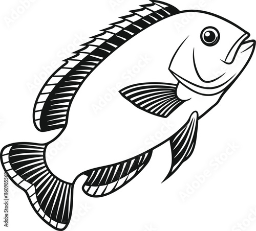 Oscar fish vector design and using black color line art illustration on a white background.
