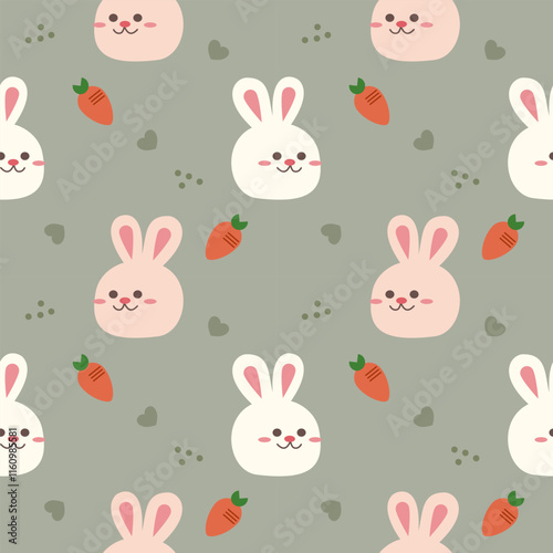 Face rabbit white and pink cartoon so cute. On carrot heart green background. Pattern seamless vector illustration. 