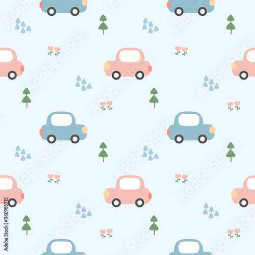 Car pink and blue cartoon so cute. On tree flower light blue background. Pattern seamless vector illustration. 
