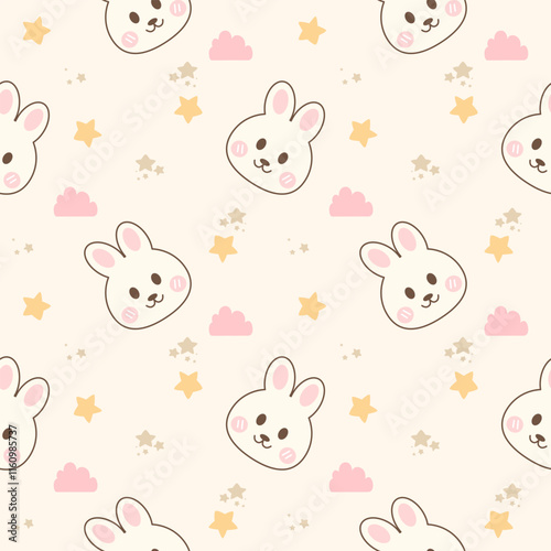 Face rabbit cartoon so cute. On cloud star background. Pattern seamless vector illustration. 