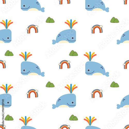 Whale cartoon so cute. On rainbow mountain white background. Pattern seamless vector illustration. 
