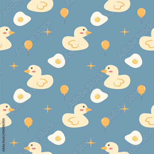 Duck cartoon so cute. On balloon fried egg background. Pattern seamless vector illustration. 