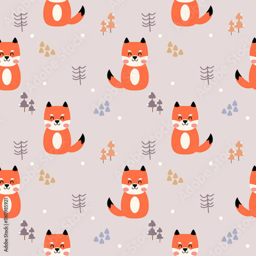 Fox smile cartoon so cute. On tree mountain snow background. Pattern seamless vector illustration. 