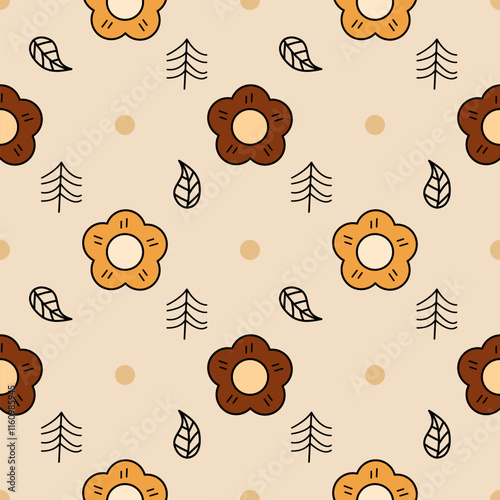 Flower brown and yellow cartoon so cute. On leaf polka dot background. Welcome autumn. Pattern seamless vector illustration. 
