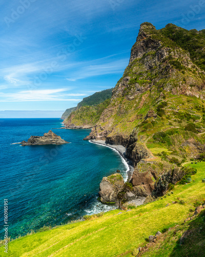 Scenic panoramic view from Miradouro de Sao Cristovao on a summer morning, Madeira island, Portugal. photo
