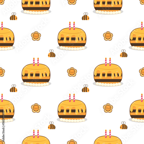 Cake honey bee cartoon so cute. On flower white background. Pattern seamless vector illustration. 
