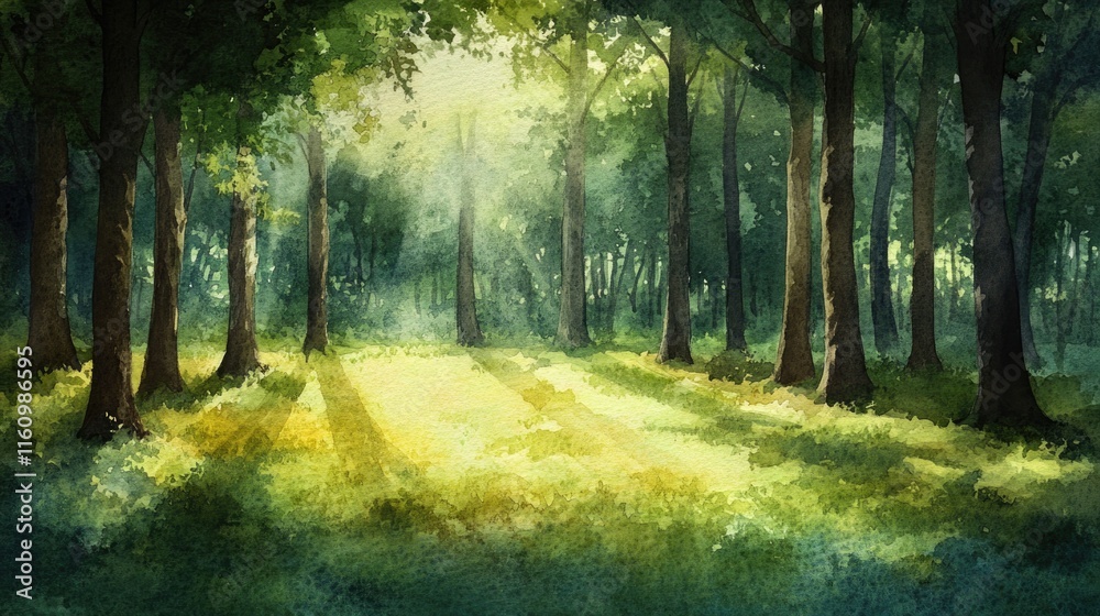 Obraz premium Sunlight filters through lush trees, illuminating serene forest