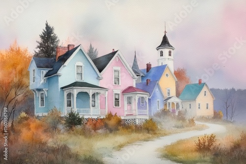 A watercolor of a community coming together to rebuild after a storm, with pastel tones evoking hope and unity