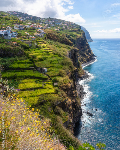 Scenic panoramic view from Miradouro de Sao Sebastiao on a summer morning, Madeira island, Portugal. photo