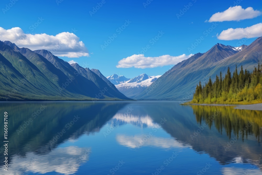 Fototapeta premium mountains are reflected in the water of a lake with a few trees