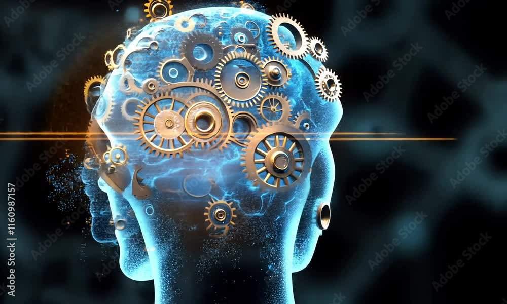 A digital representation of a human brain with gears, symbolizing thought and technology.