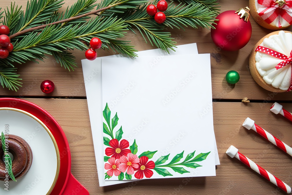 Obraz premium watercolor card garland adorn christmas table festive treats decorations including candy sweet surprises