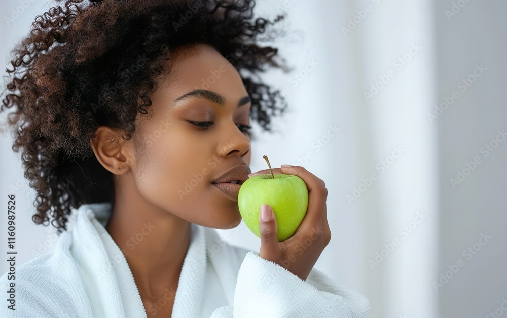 Black woman in bathrobe eating green apple, copy space. Inner glow, luminous serene radiance, vitality, wellness, positive healthy energy, balanced care nutrients, wholesome nourishment concept. Black woman in bathrobe eating green apple, copy space. Inner glow, luminous serene radiance, vitality, wellness, positive healthy energy, balanced care nutrients, wholesome nourishment concept.