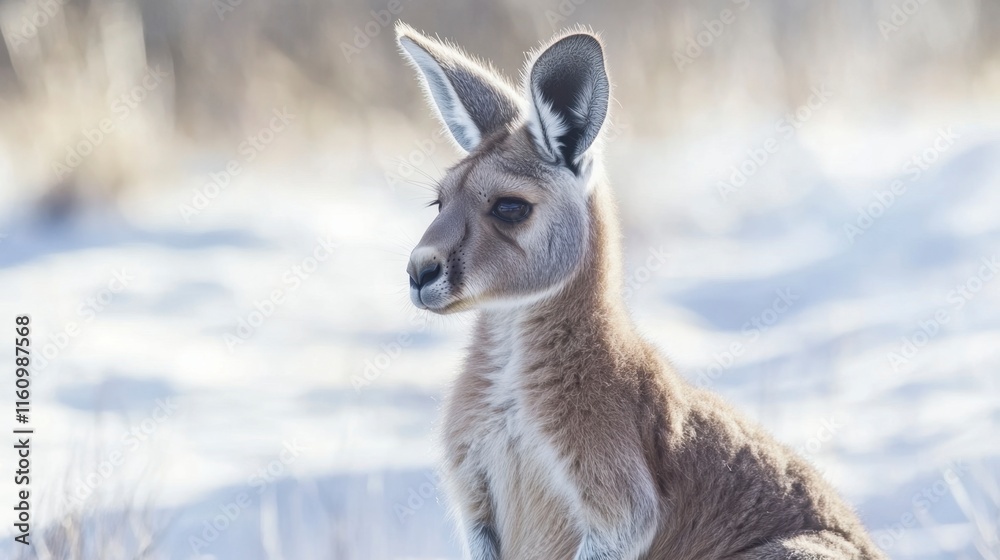 Young Kangaroo in Snowy Landscape, Profile View