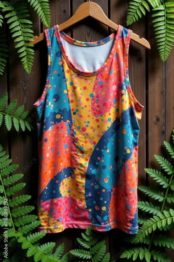 Tank top with abstract patterns against a rustic wooden backdrop featuring ferns and moss, tank top, greenery Tank top with abstract patterns against a rustic wooden backdrop featuring ferns and moss, tank top, greenery