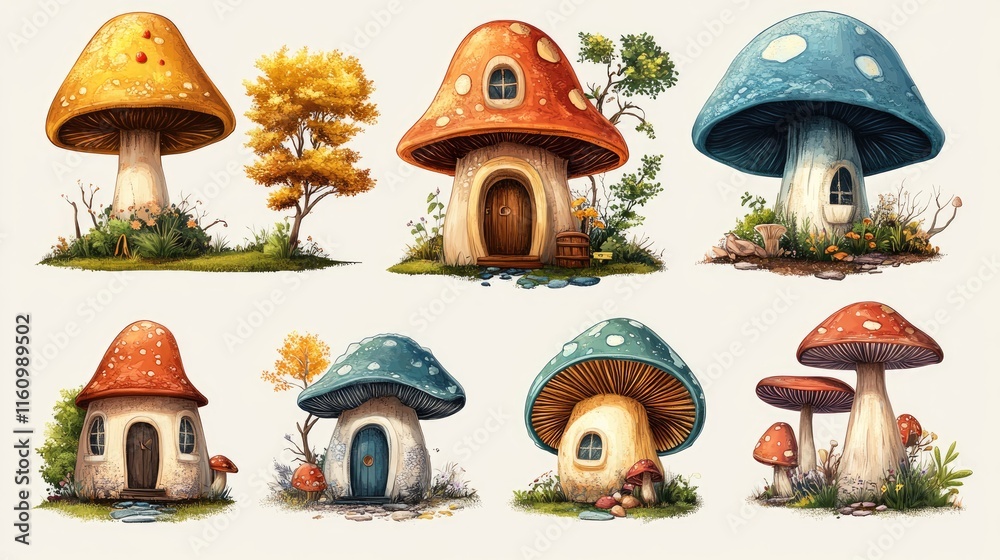 Fototapeta premium Colorful mushroom-shaped fairy houses surrounded by natural scenery isolated on white background, evoking a whimsical and enchanting fairytale ambiance.