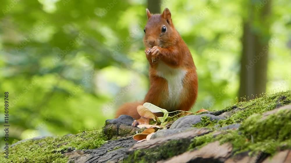 Eurasian red squirrel eating nuts while sitting on a tree branch in the woods during daytime Eurasian red squirrel eating nuts while sitting on a tree branch in the woods during daytime
