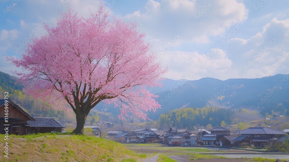A magnificent and beautiful cherry blossom tree standing alone, with a peaceful and beautiful view of a Japanese village A magnificent and beautiful cherry blossom tree standing alone, with a peaceful and beautiful view of a Japanese village