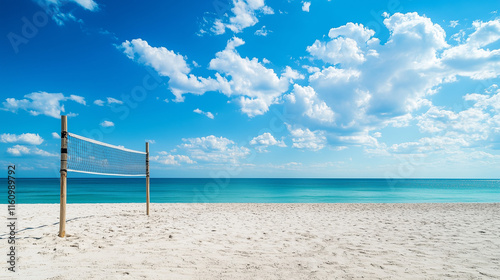 Dynamiczne ujęcie boiska do siatkówki plażowej przy brzegu oceanu, pod przejrzystym niebem z białymi chmurami. photo