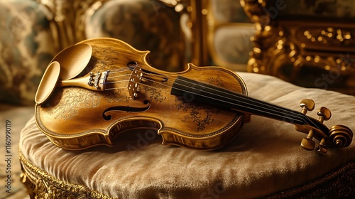 An ornate, golden violin in a royal setting, resting on a luxurious velvet cushion photo