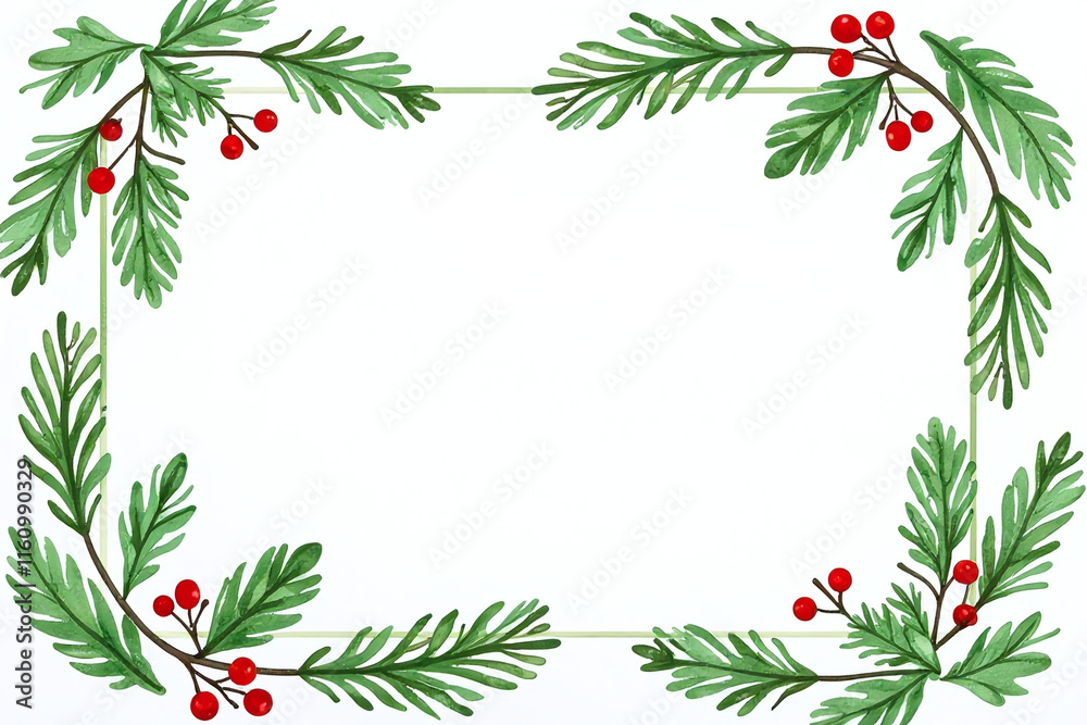 Fototapeta premium watercolor greenery pine white backdrop red berries festive holiday design invitations rectangle border