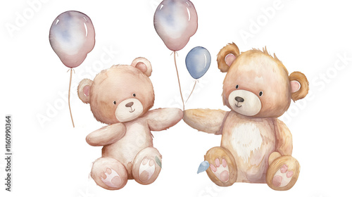 Two Teddy Bears with Balloons: Watercolor illustration of two adorable teddy bears holding pastel balloons, perfect for children's books, cards, or prints. Evokes feelings of joy, friendship.