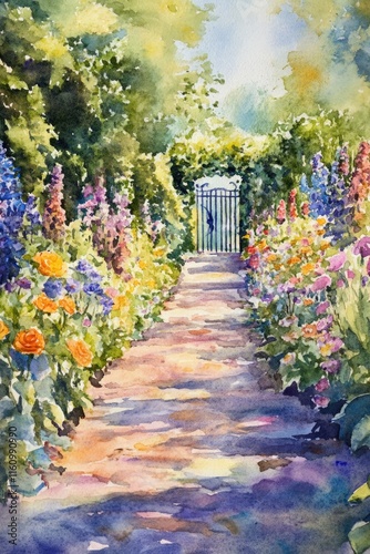 Lush garden path framed by vibrant blooms invites peaceful explo