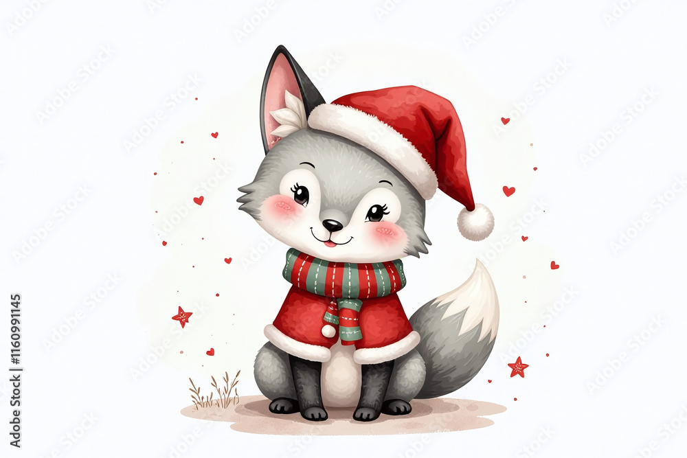 watercolor illustration cute gray fox wearing festive holiday outfit greeting cards decorations featuring cheerful young watercolor illustration cute gray fox wearing festive holiday outfit greeting cards decorations featuring cheerful young