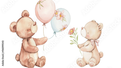 Sweet Teddy Bear Friends: Two adorable teddy bears, hand-painted in watercolor, share a special moment. One bear holds a bouquet of flowers while the other carries balloons. photo