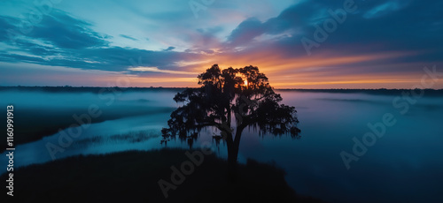 A serene landscape featuring a silhouette of a tree against a colorful sunset, with misty waters and dramatic skies creating a tranquil atmosphere.