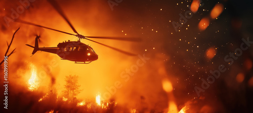 A helicopter hovers over a fiery landscape, battling a raging wildfire amidst a backdrop of smoke and glowing embers. photo